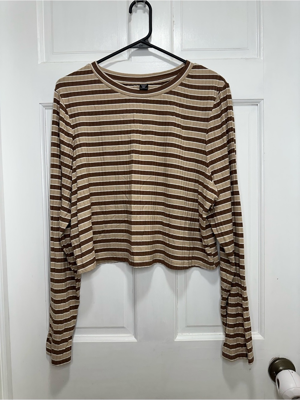 Shein Curve Striped Long Sleeve Crop Top Brown Tan Plus Size 3XL Crew Neck Fall